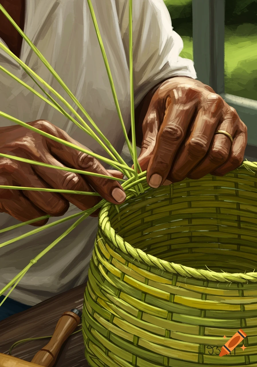 Close-up of hands weaving a green basket from grass