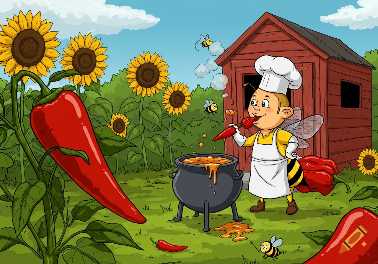 Cartoon bee chef cooks spicy food in a garden with giant peppers and sunflowers.