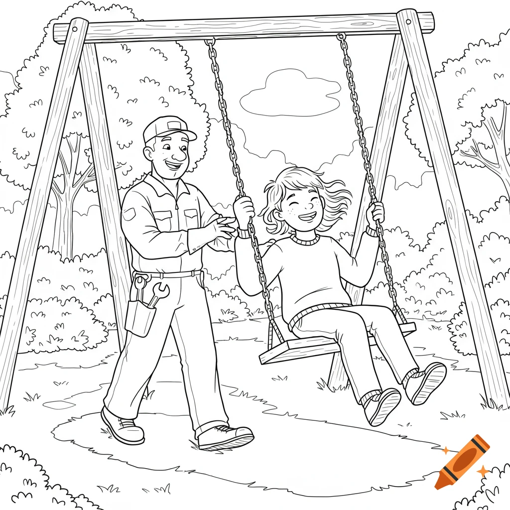 Black and white coloring page of a man pushing a child on a swing in a park.