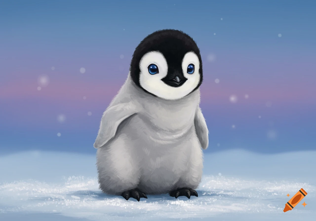 A cute fluffy baby penguin stands in a snowy landscape.