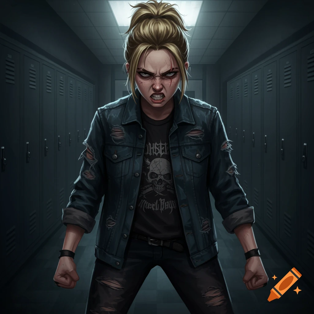 Illustration of an angry young woman in ripped clothes in a school hallway.