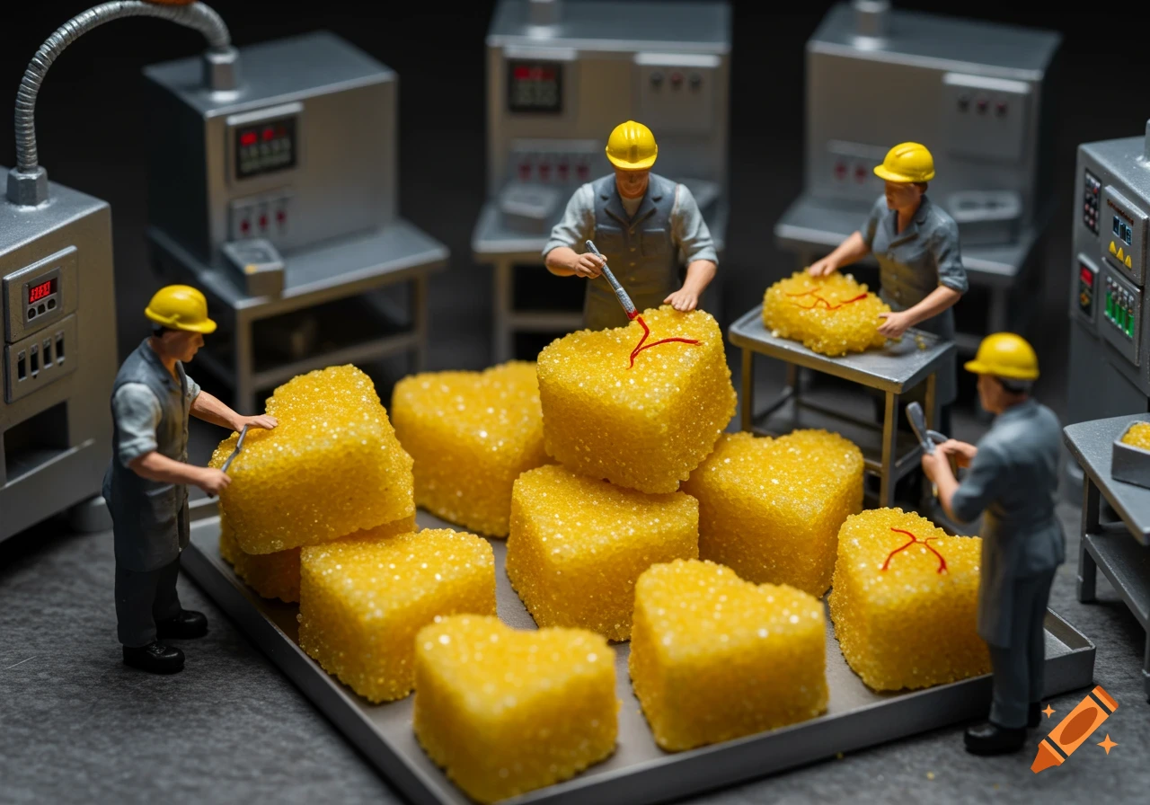 Hyper-realistic macro shot of miniature workers crafting heart-shaped sugar cubes in a factory.