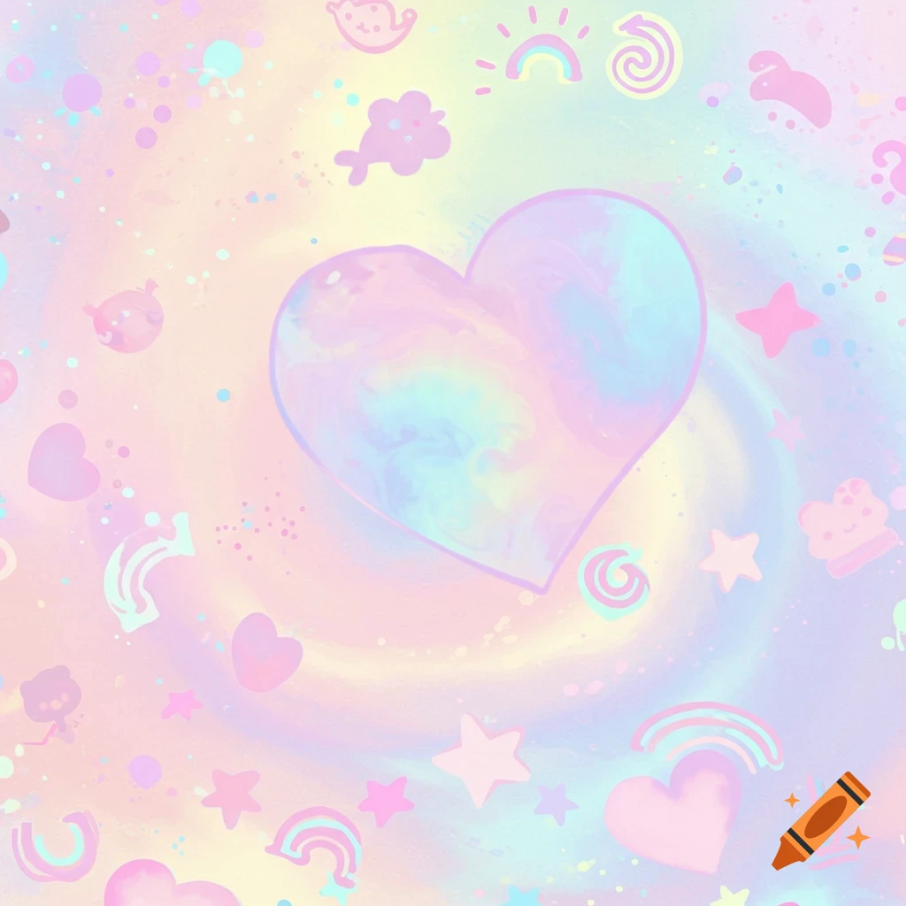 Pastel tie-dye background with floating hearts, stars, rainbows, and symbols.
