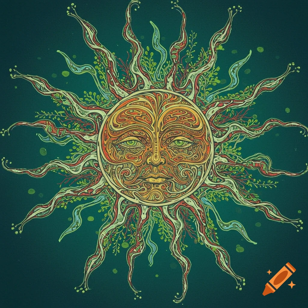 Abstract line art illustration of a stylized sun with a face, rays resembling water and plants on a dark teal background.