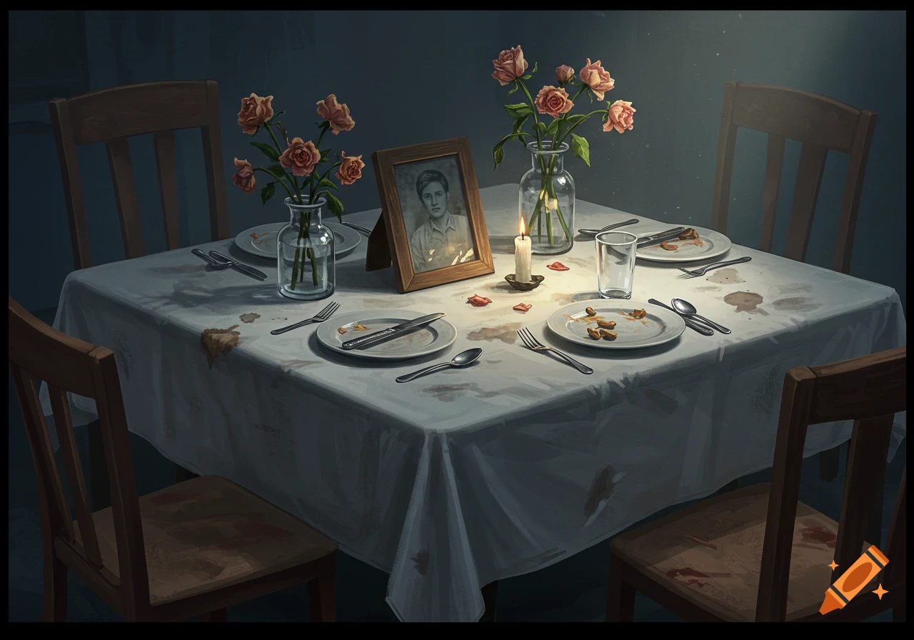 A dinner table at a wake with leftover food, flowers, a candle, and a framed photo.