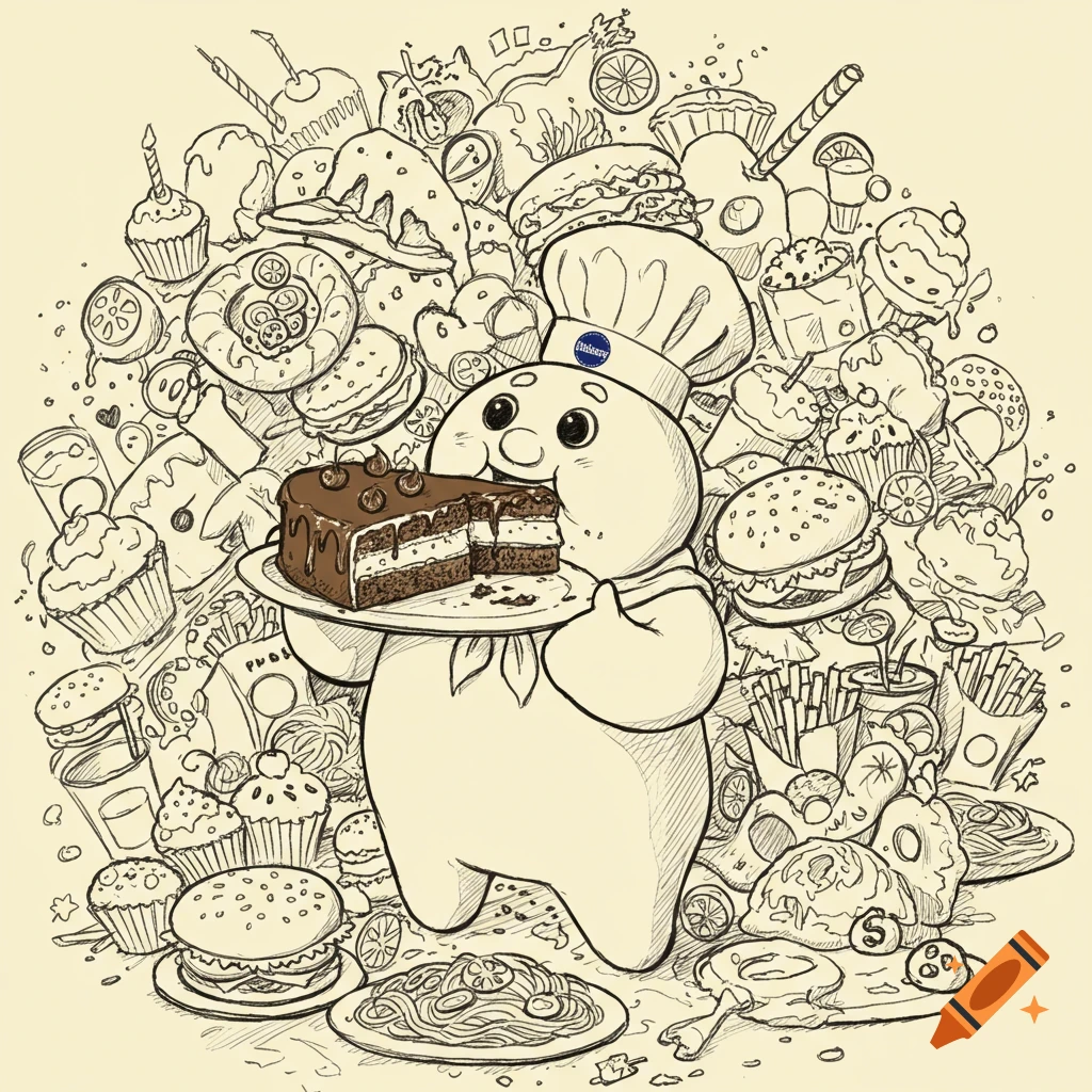 A sketch of the Pillsbury Doughboy holding a slice of chocolate cake surrounded by various foods like burgers, cupcakes, fries, and pasta.