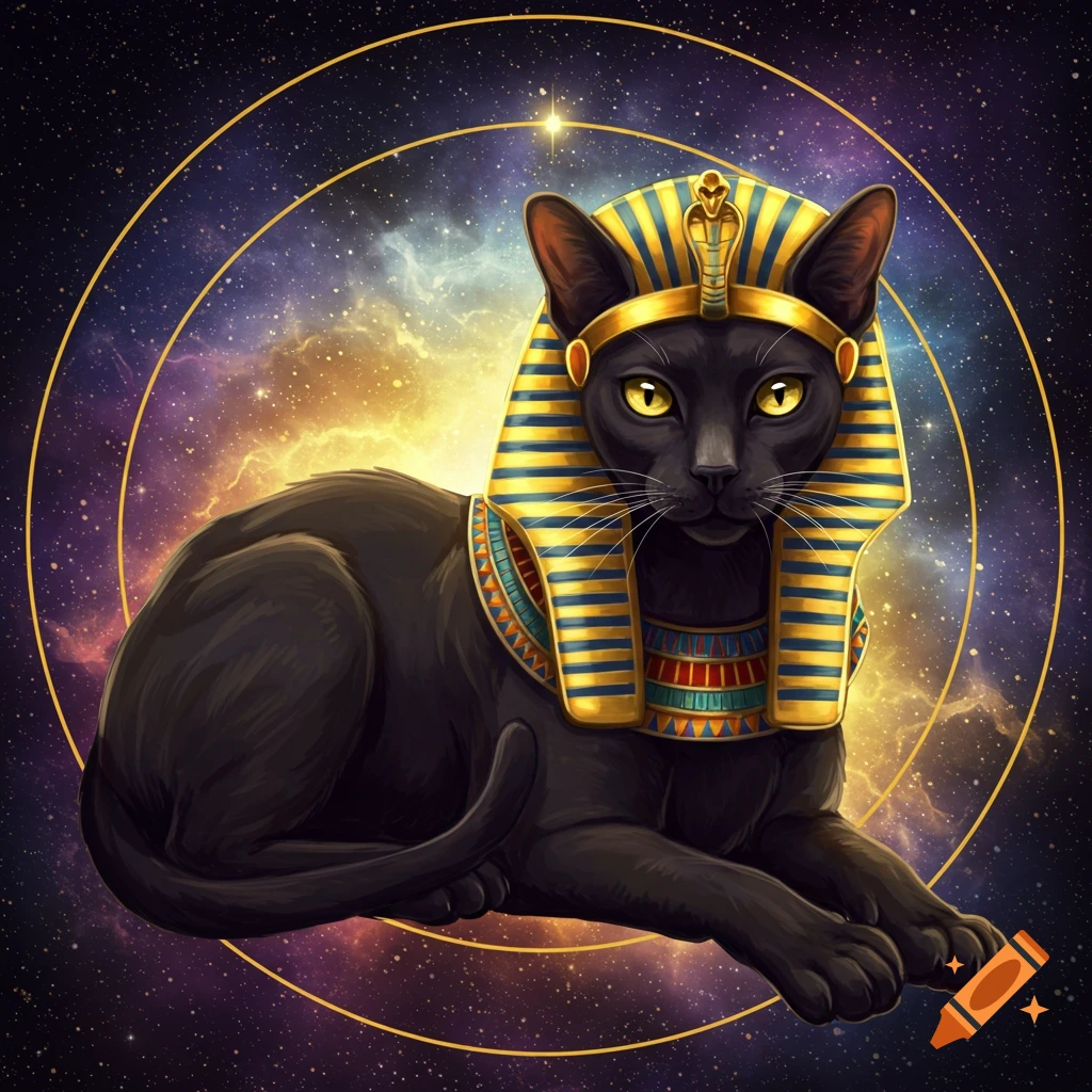 A black cat wearing an Egyptian pharaoh headdress poses like a sphinx in front of a galaxy background with gold rings.