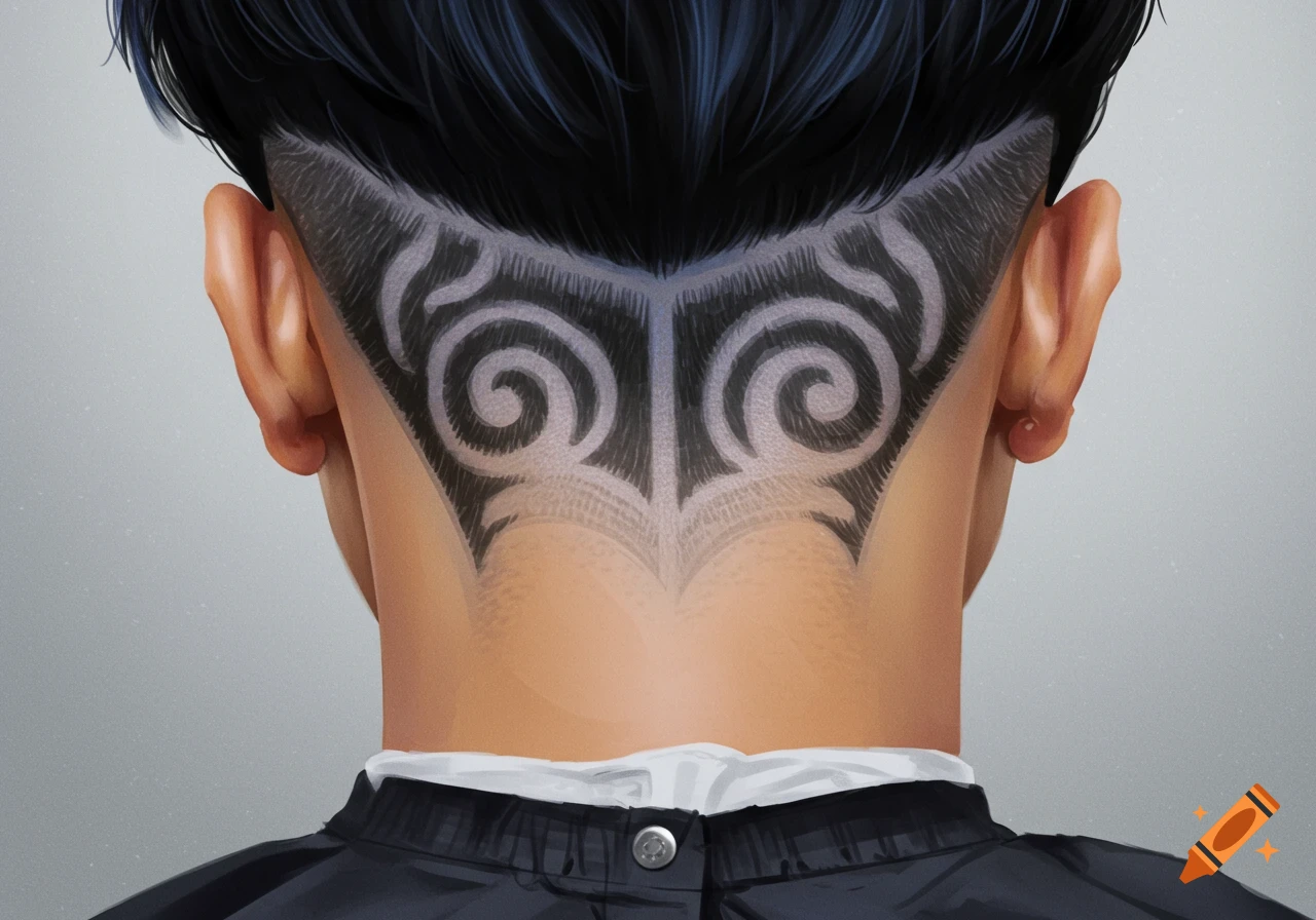 Close up of the back of a head showing a detailed spiral design shaved into an undercut on the shorn nape.