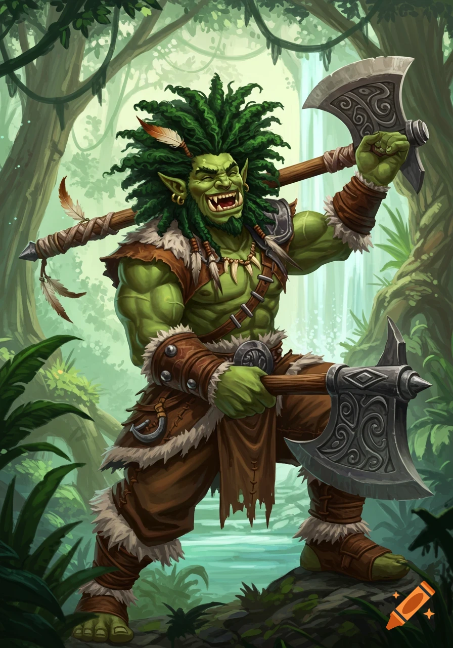 Green orc barbarian with dreadlocks, grinning and holding two axes in a forest. Digital painting.