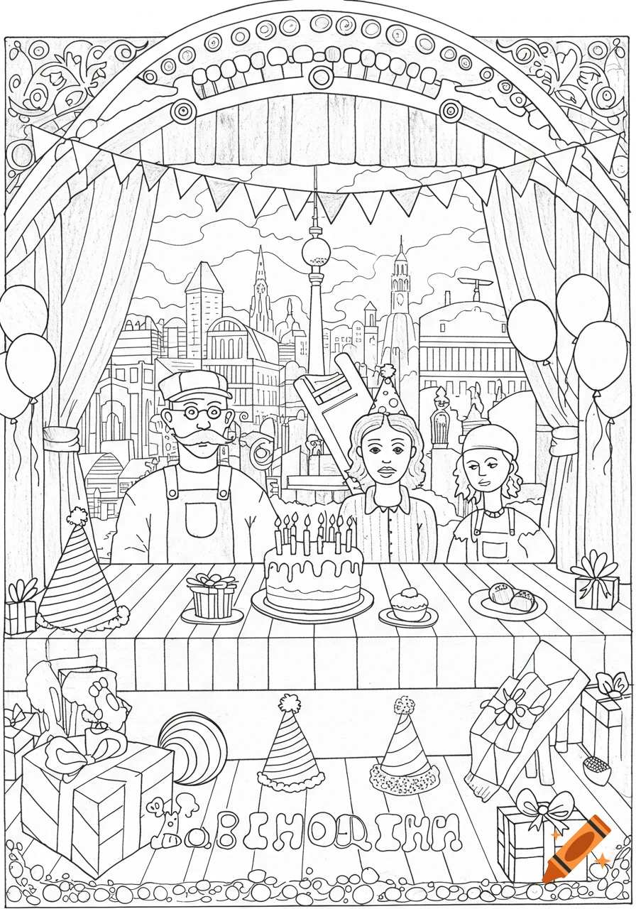 Line drawing coloring page of a birthday party with people, cake, gifts, balloons, and a city skyline in the background.