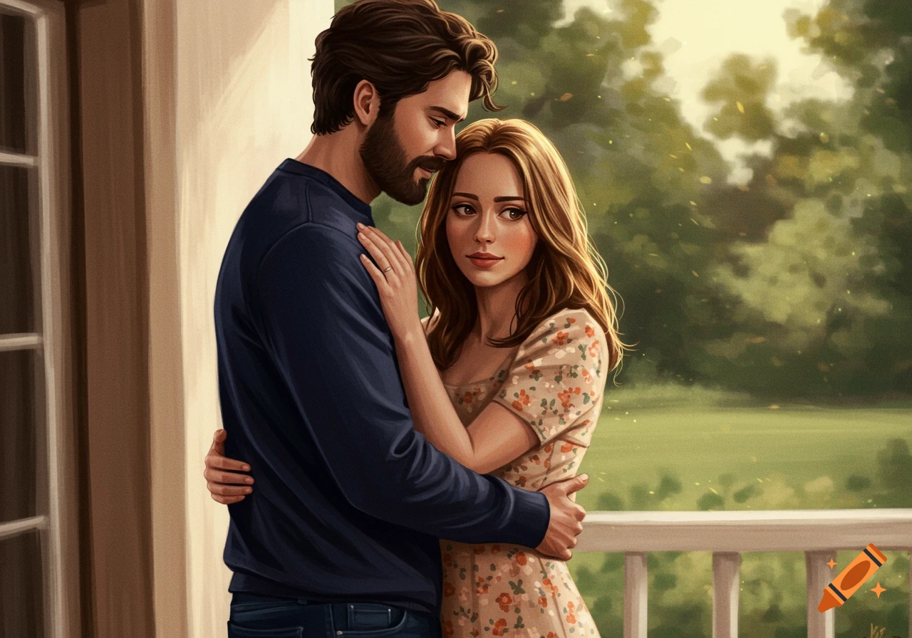 Illustration of a man hugging a woman outdoors