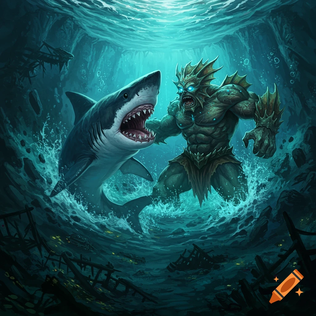 Illustration of a giant shark fighting a green sea monster underwater with shipwrecks below.