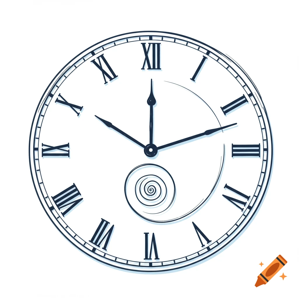 Line drawing of a clock face with Roman numerals and a spiral