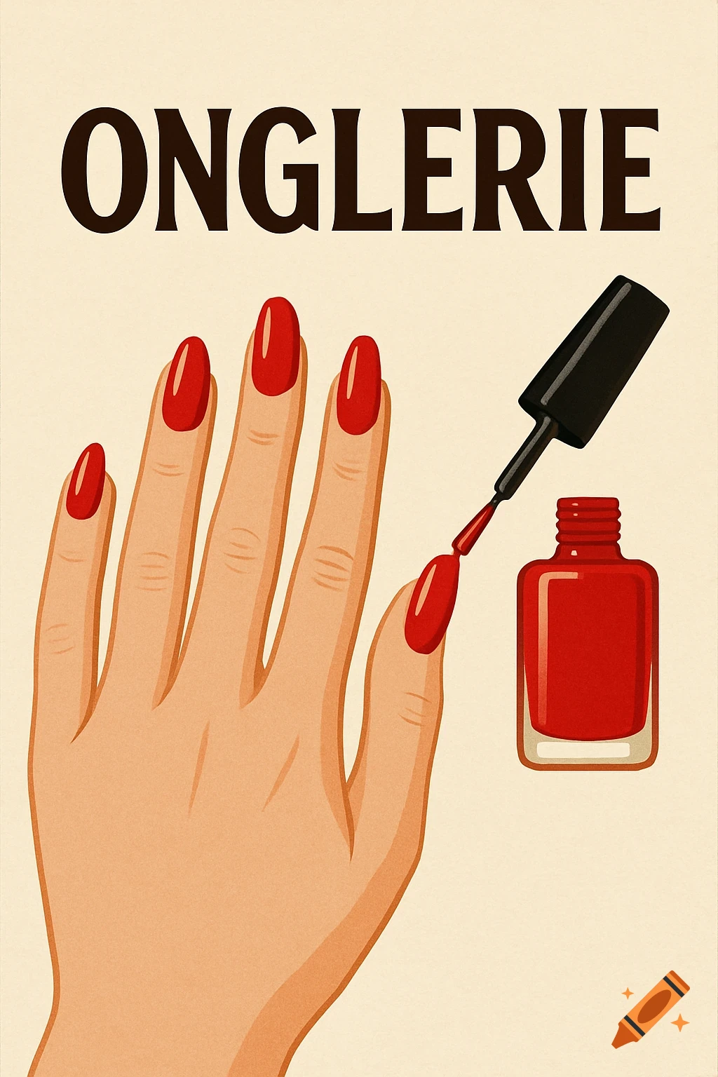 A stylized illustration of a hand with red nails and a bottle of red nail polish, with the text ONGLERIE.