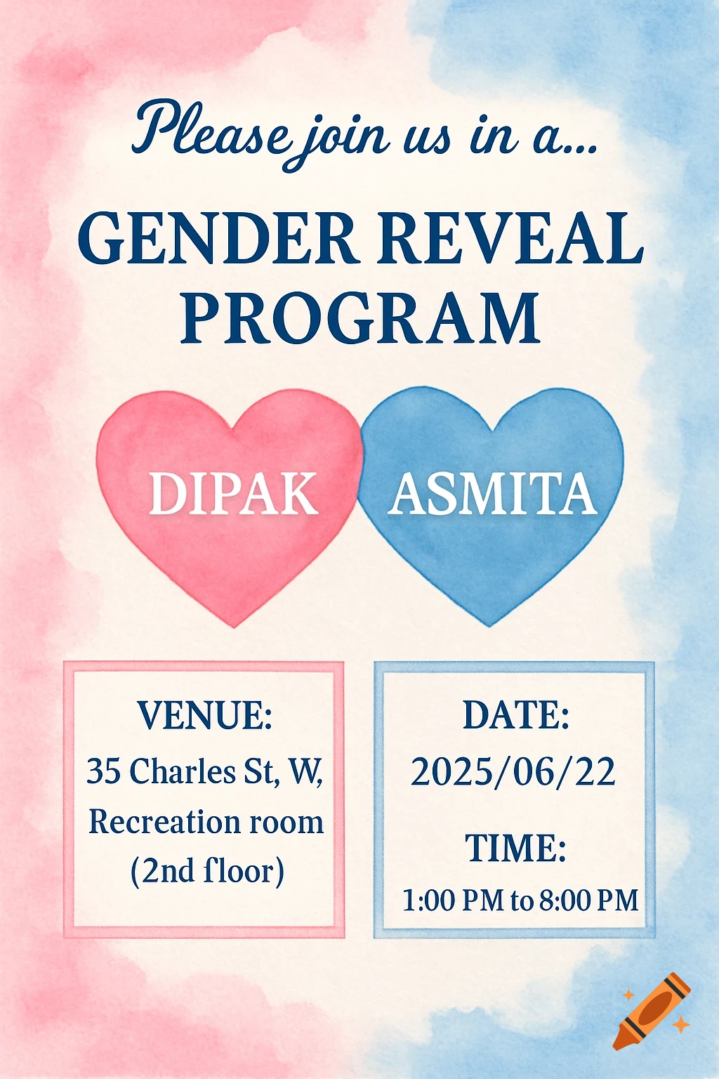 A watercolor gender reveal invitation with pink and blue hearts, featuring text for names, venue, date, and time.