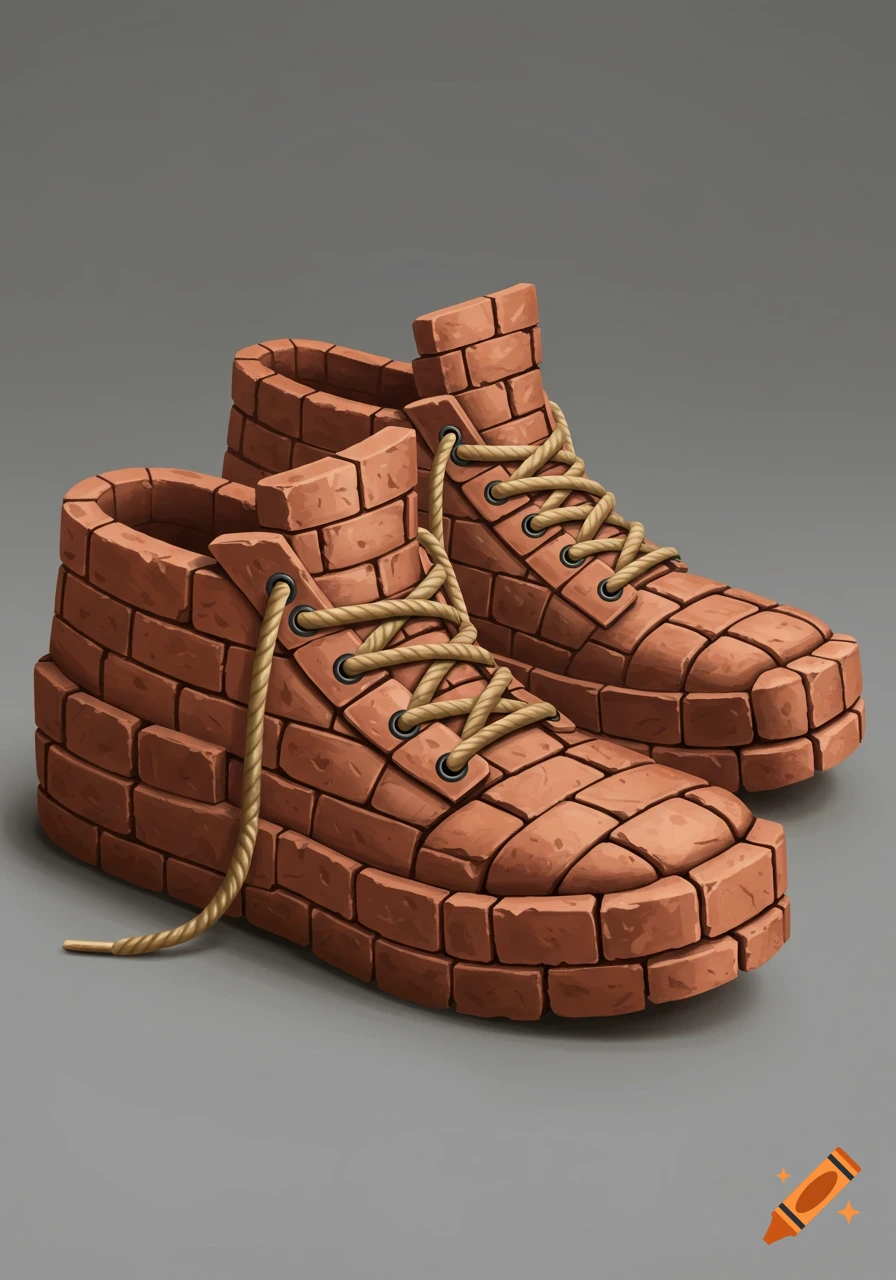 A pair of shoes made entirely of red bricks with rope laces against a grey background.