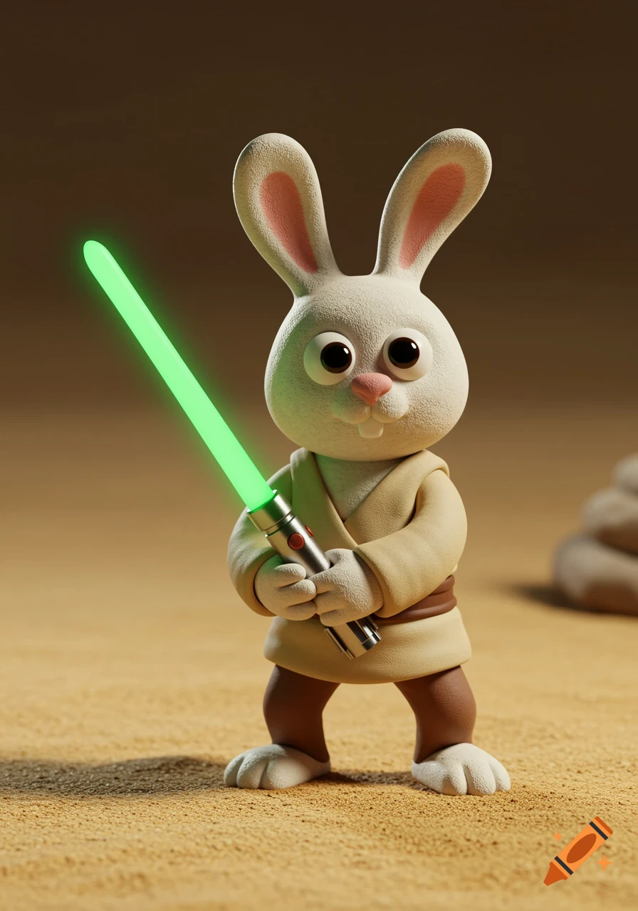 A claymation rabbit character dressed as a Jedi holds a glowing green lightsaber.