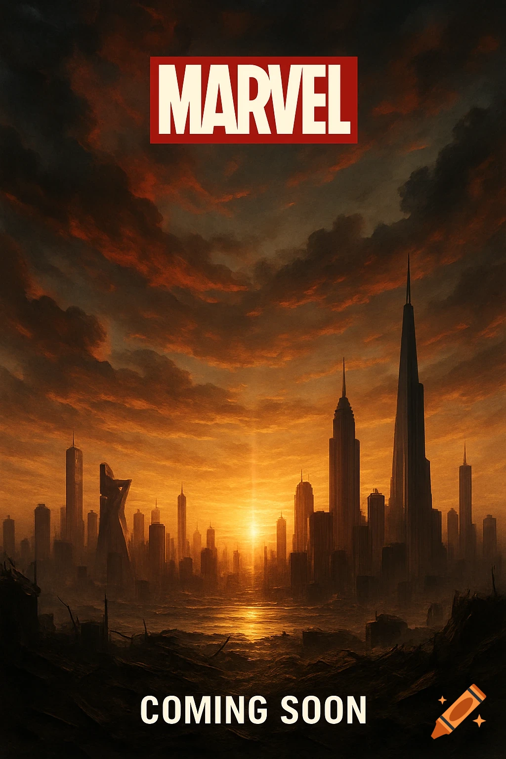 Dramatic city skyline at sunset with Marvel logo and 'Coming Soon' text.