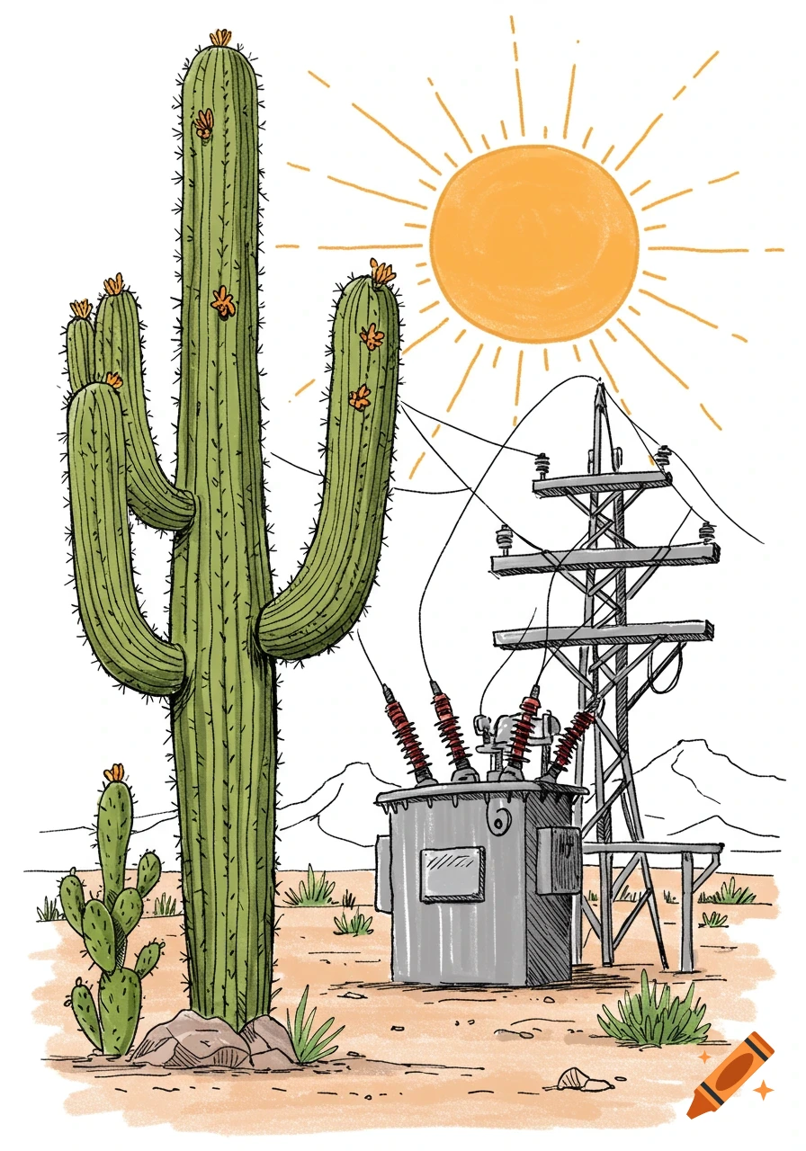 Sketch of a saguaro cactus, smaller cactus, sun, and power transformer in a desert landscape.