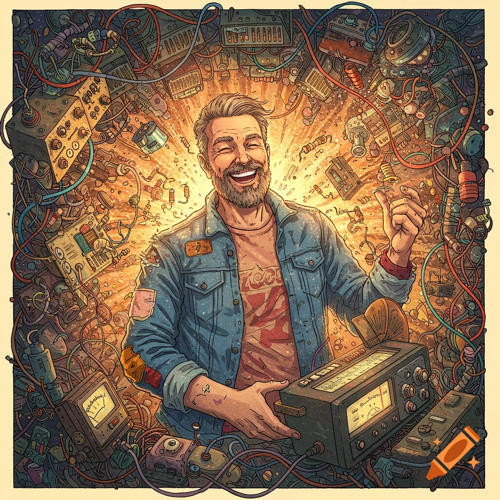 Illustration of a happy man surrounded by vintage electronic components and wires, holding a radio.