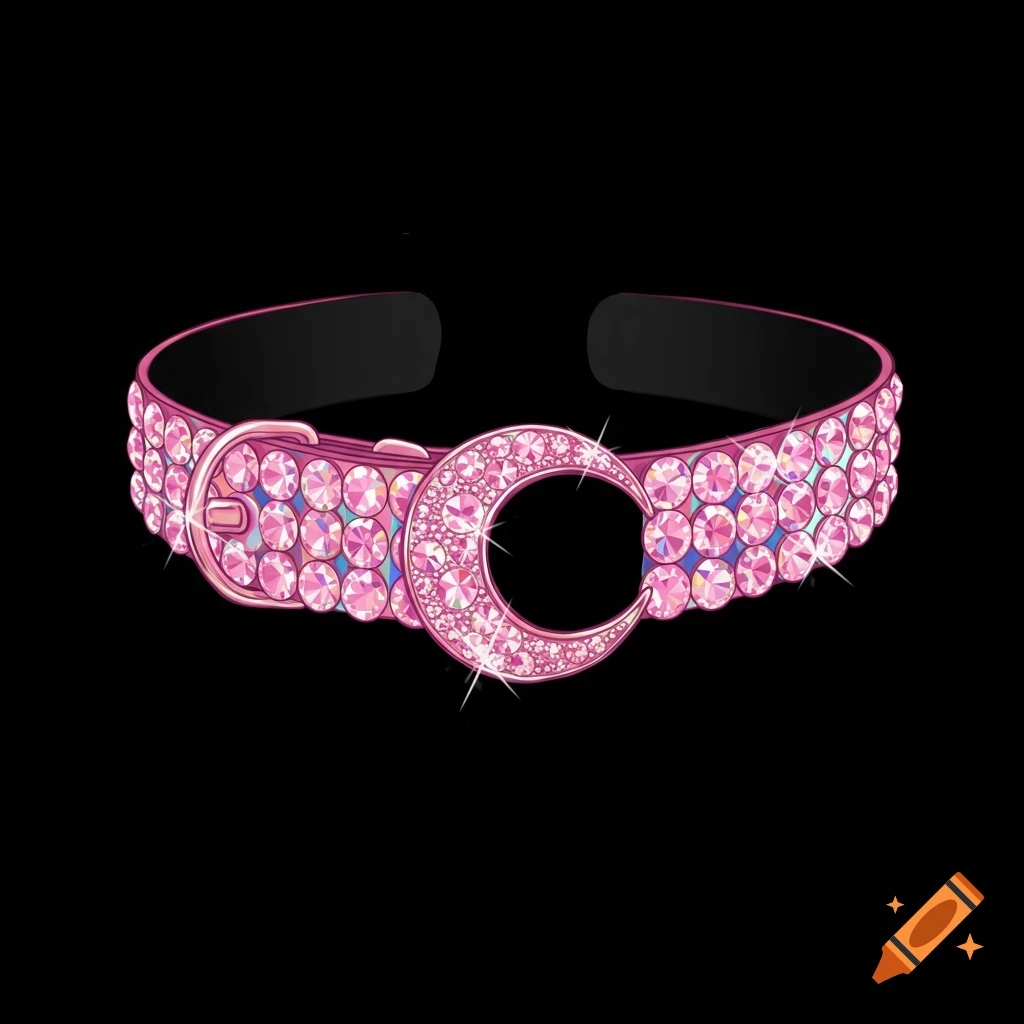 A pink collar covered in pink crystals with a crescent moon in the center.