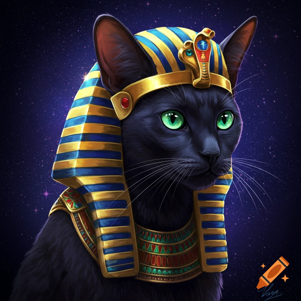 A black cat wearing an elaborate Egyptian pharaoh's headdress and collar against a starry background.