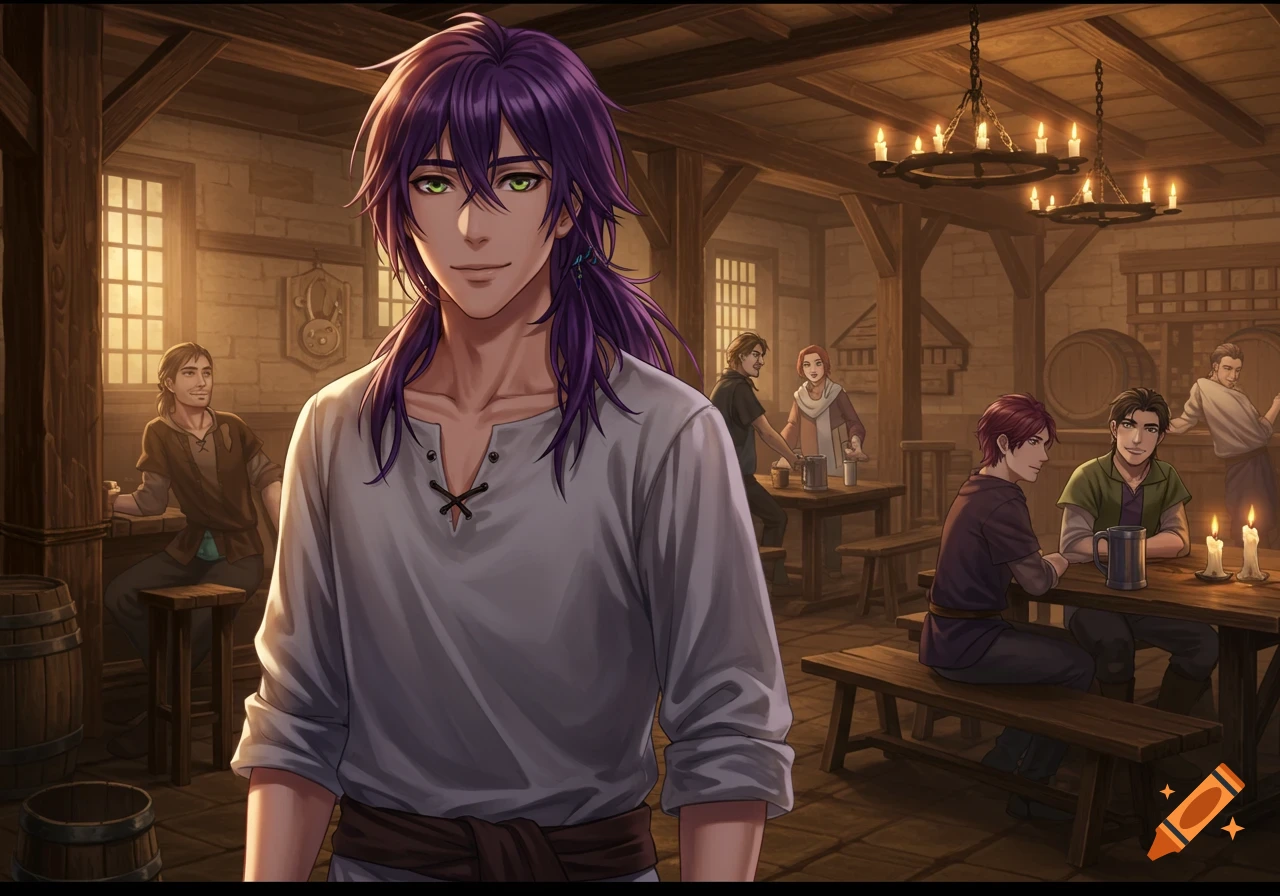 Anime-style man with purple hair in a medieval tavern