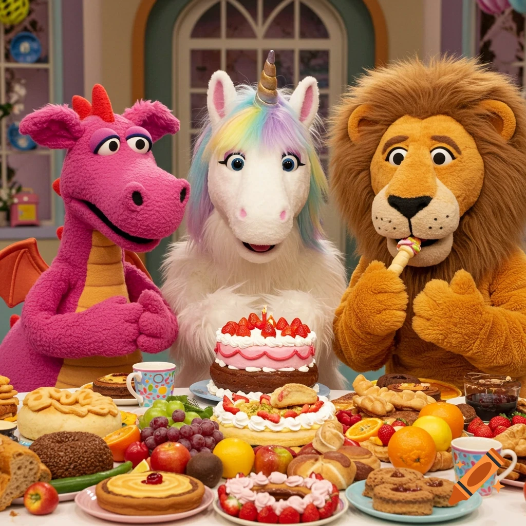 A pink muppet dragon, a white muppet unicorn with rainbow mane, and a muppet lion sit at a table overflowing with cakes and pastries.