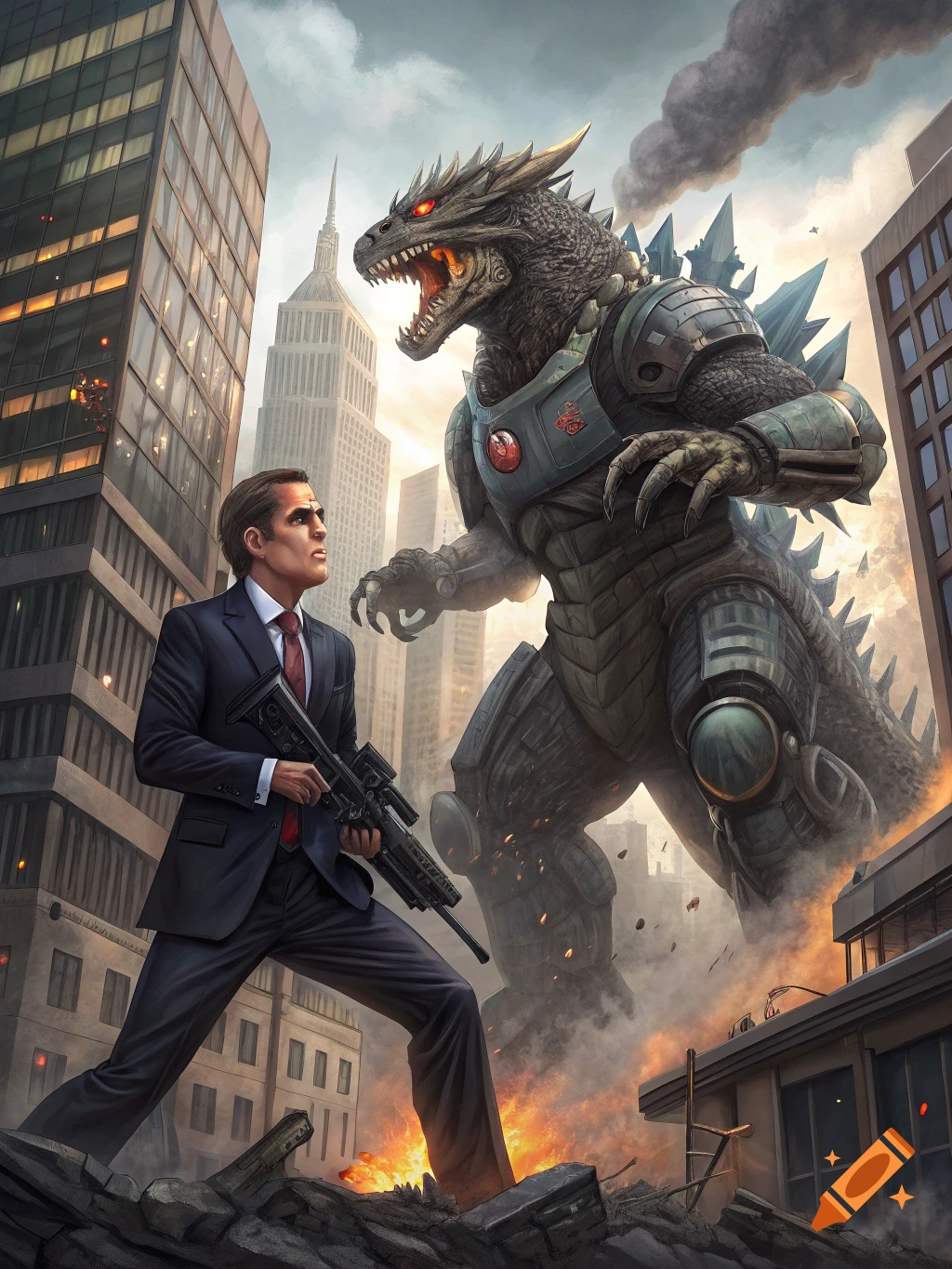 Man with rifle faces giant armored kaiju in destroyed city.