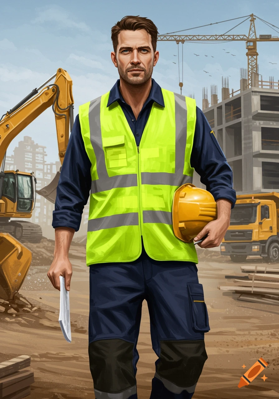 A man in a high-visibility vest and hard hat stands at a construction site.