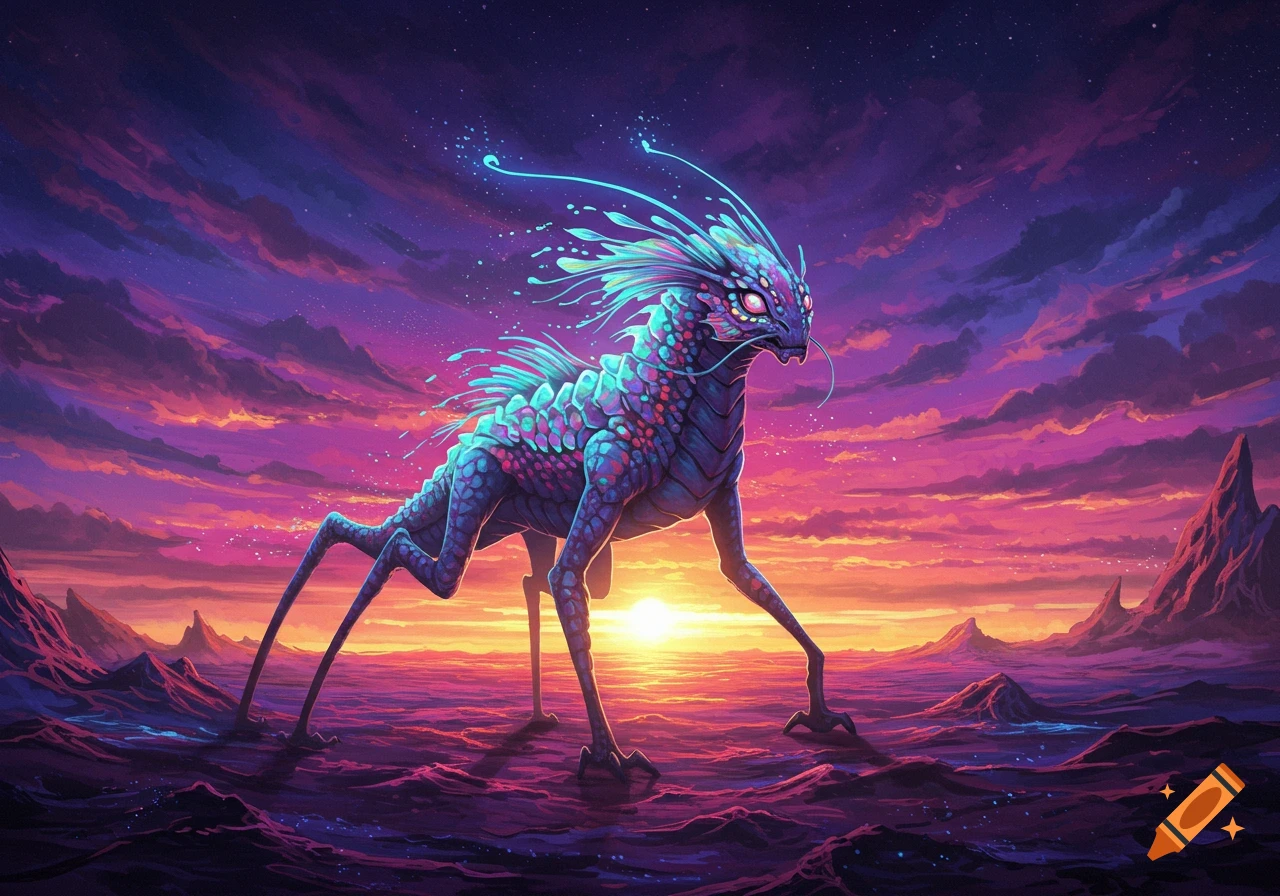 Vibrant illustration of a strange alien creature standing in water at sunset.