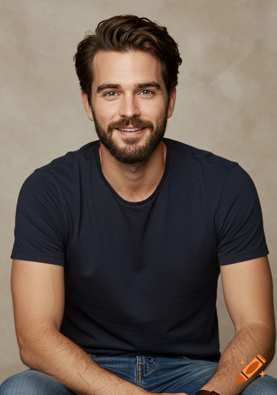 A smiling man with a beard wearing a dark blue t-shirt poses for a portrait.