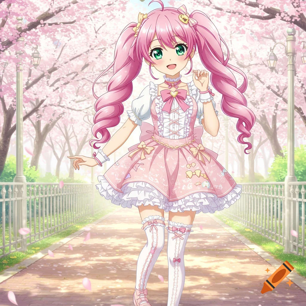 Cute anime girl with pink hair in a pink dress walks past cherry blossom trees in a park.