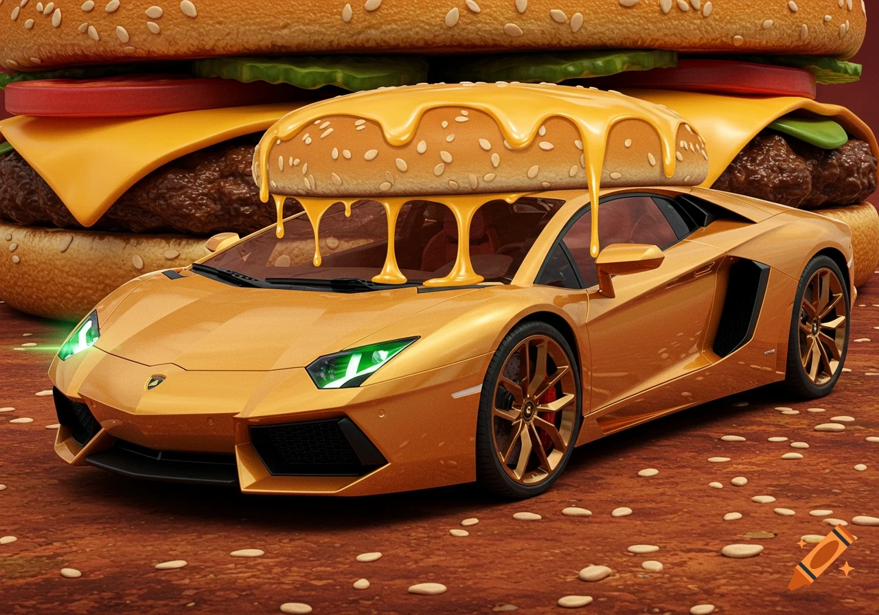 A gold Lamborghini car with a burger bun and melted cheese on its roof, in front of a giant burger.