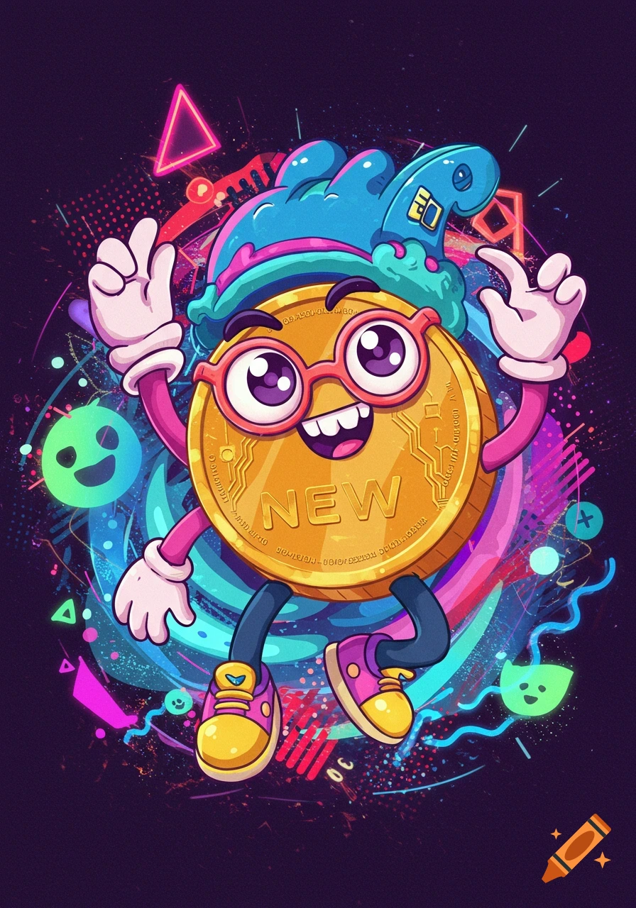 Cartoon character of a coin wearing a hat and glasses, giving peace signs, against a vibrant abstract background.