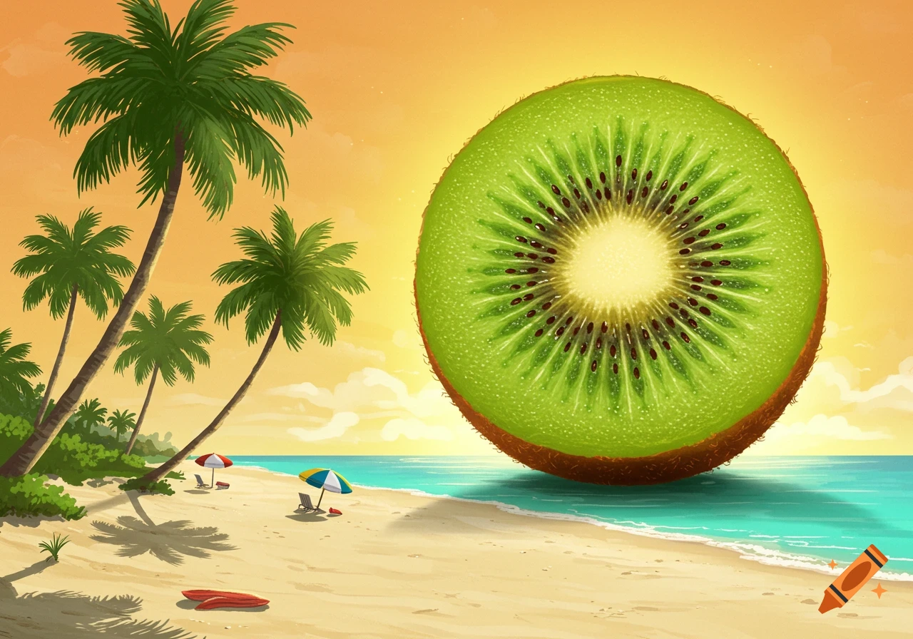 A giant kiwi fruit slice replaces the sun over a tropical beach scene with palm trees and beach chairs.