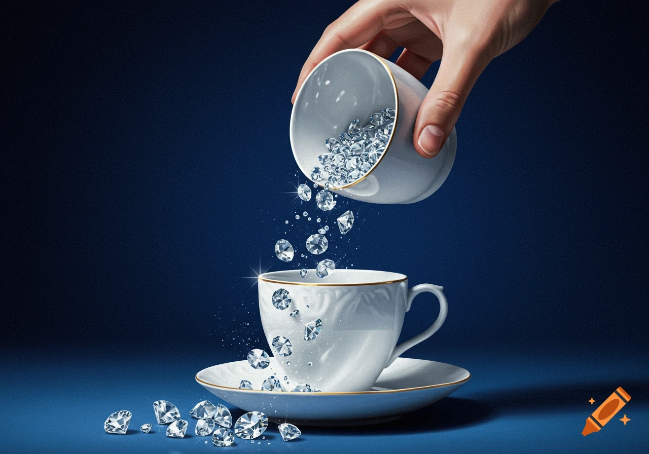 Hand pouring diamonds from one white teacup into another