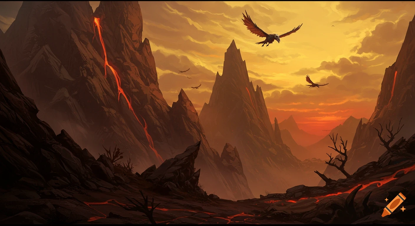 Digital painting of a volcanic fantasy landscape with sharp mountains, flowing lava, and birds flying under an orange sky.