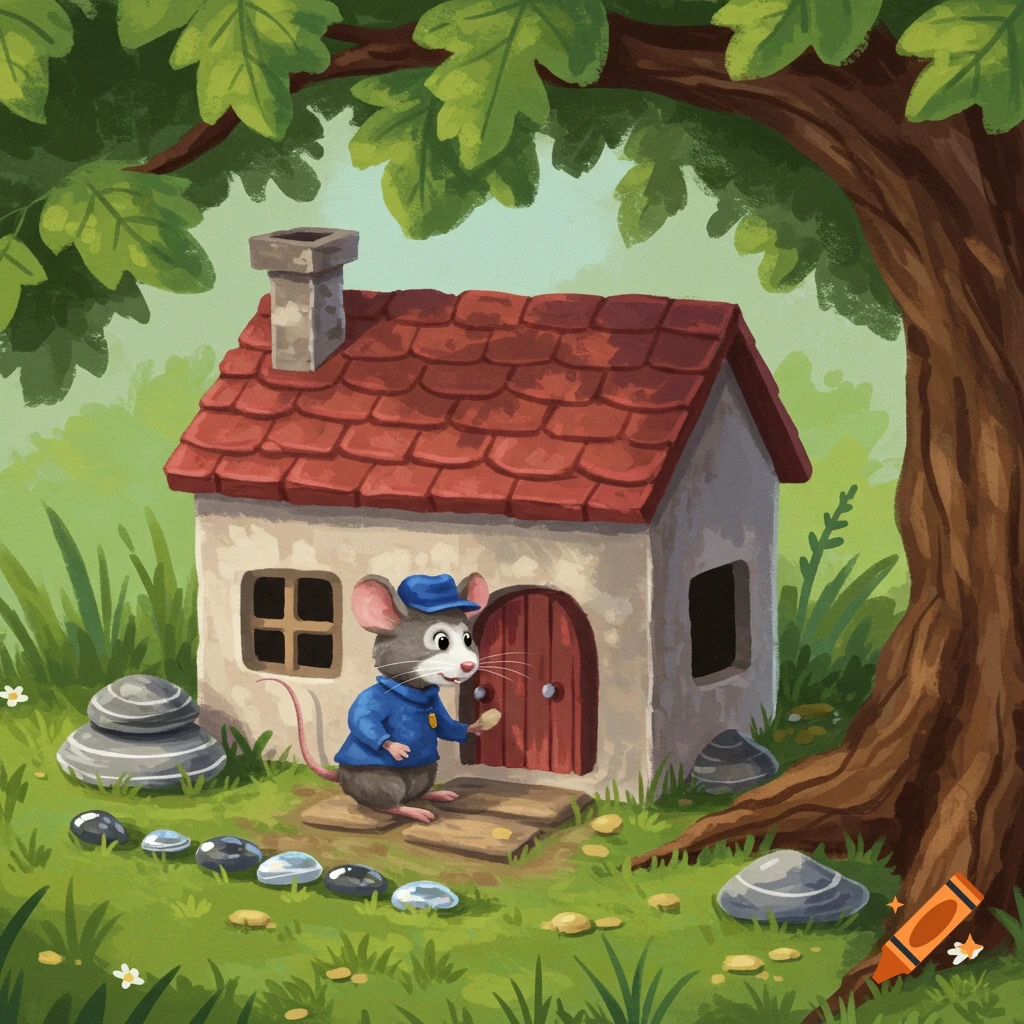 Illustration of a mouse postman standing outside a small house under an oak tree.