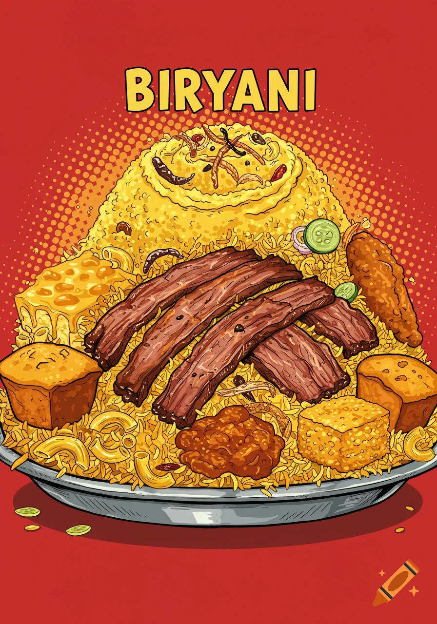 Pop art illustration of a large plate of food with rice, meat, pasta, and bread. The word 'BIRYANI' is at the top.