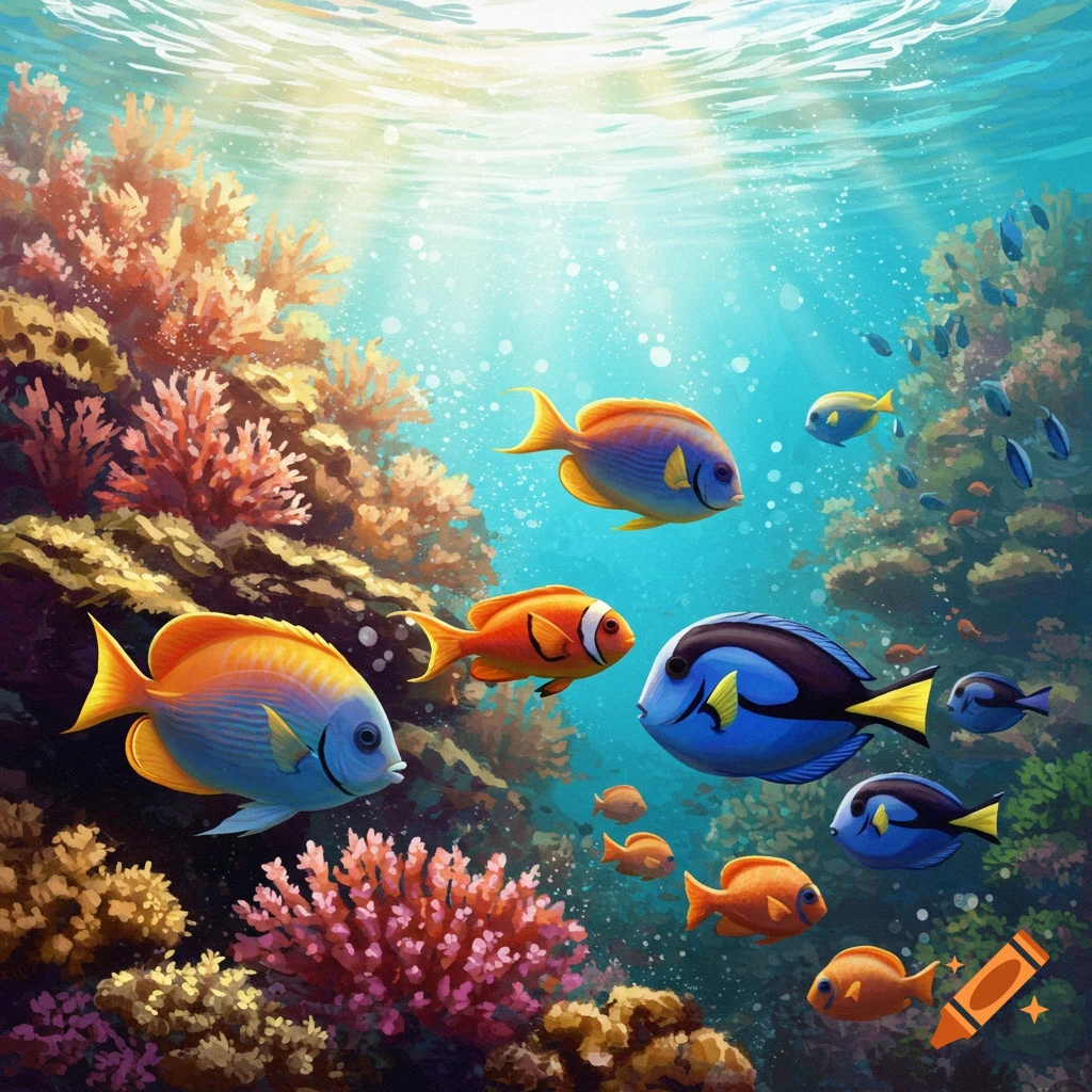 Colorful tropical fish swim among coral reefs in a sunlit underwater scene, painted style.