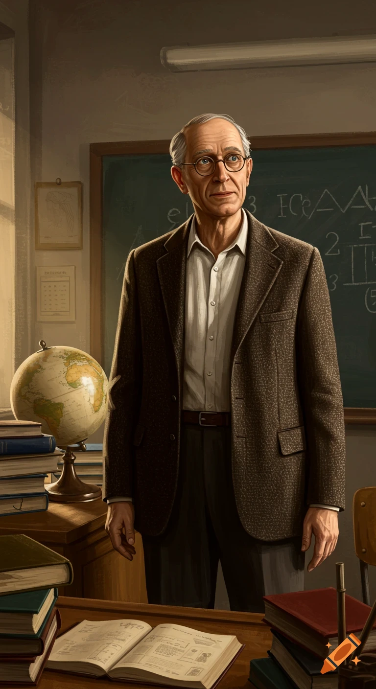 Older man in glasses and jacket stands in a classroom with books and a globe, looking thoughtful.