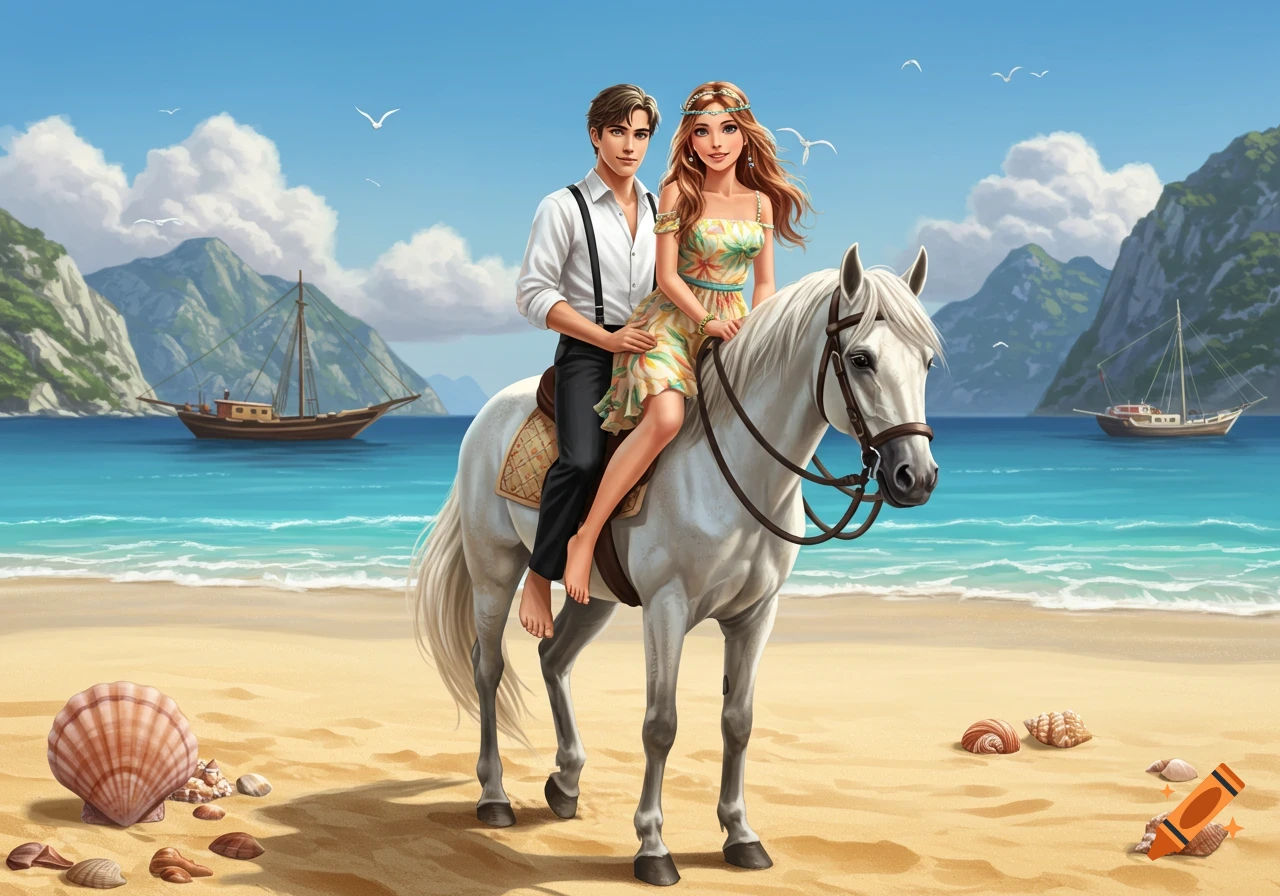 A couple rides a white horse on a sunny beach with mountains and boats in the background.