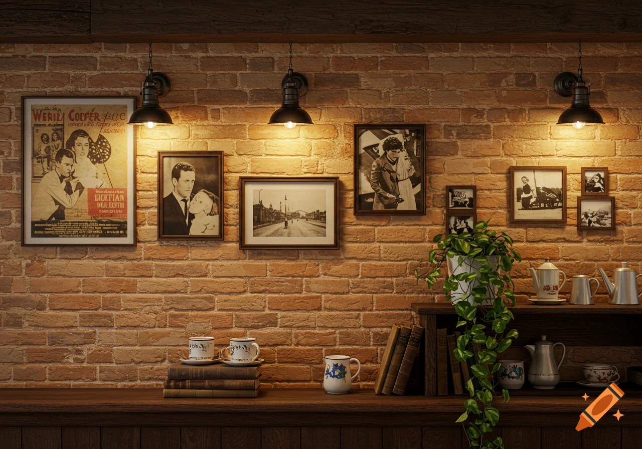 A warm lit brick wall in a cafe with framed pictures, books, a plant, and teacups on a wooden shelf.