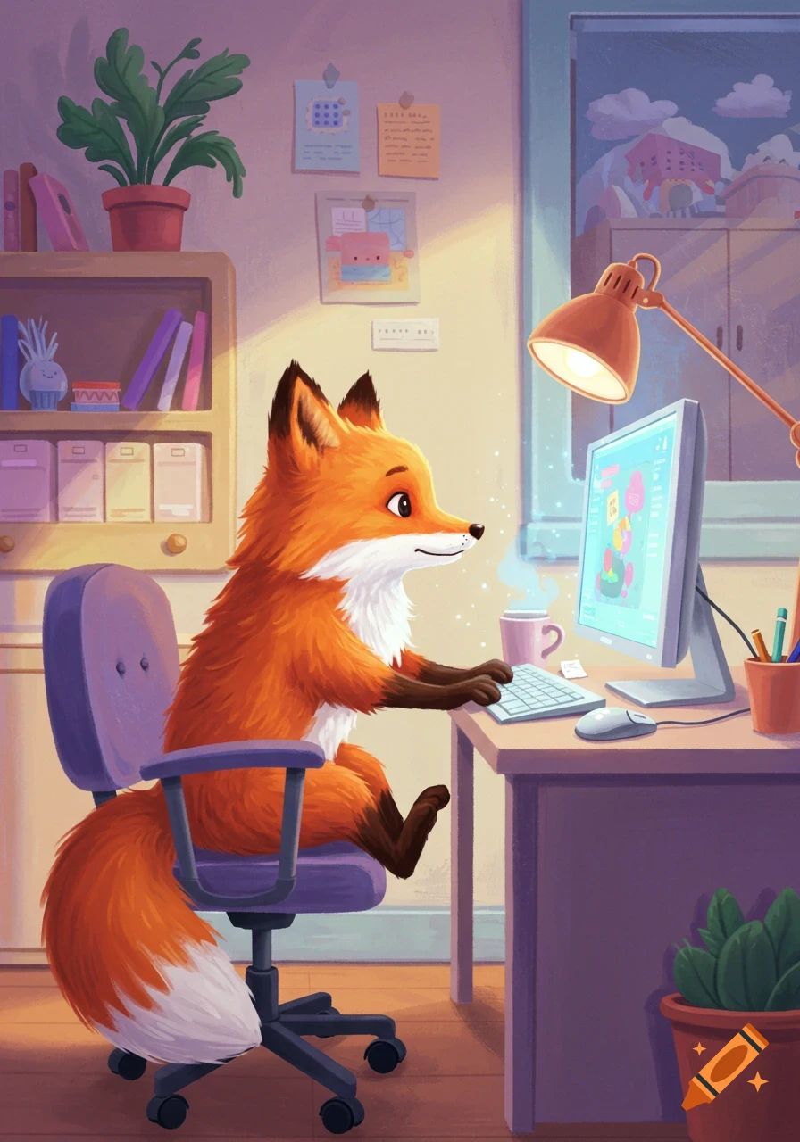 A cute fox sits in an office chair typing on a computer. Digital illustration.