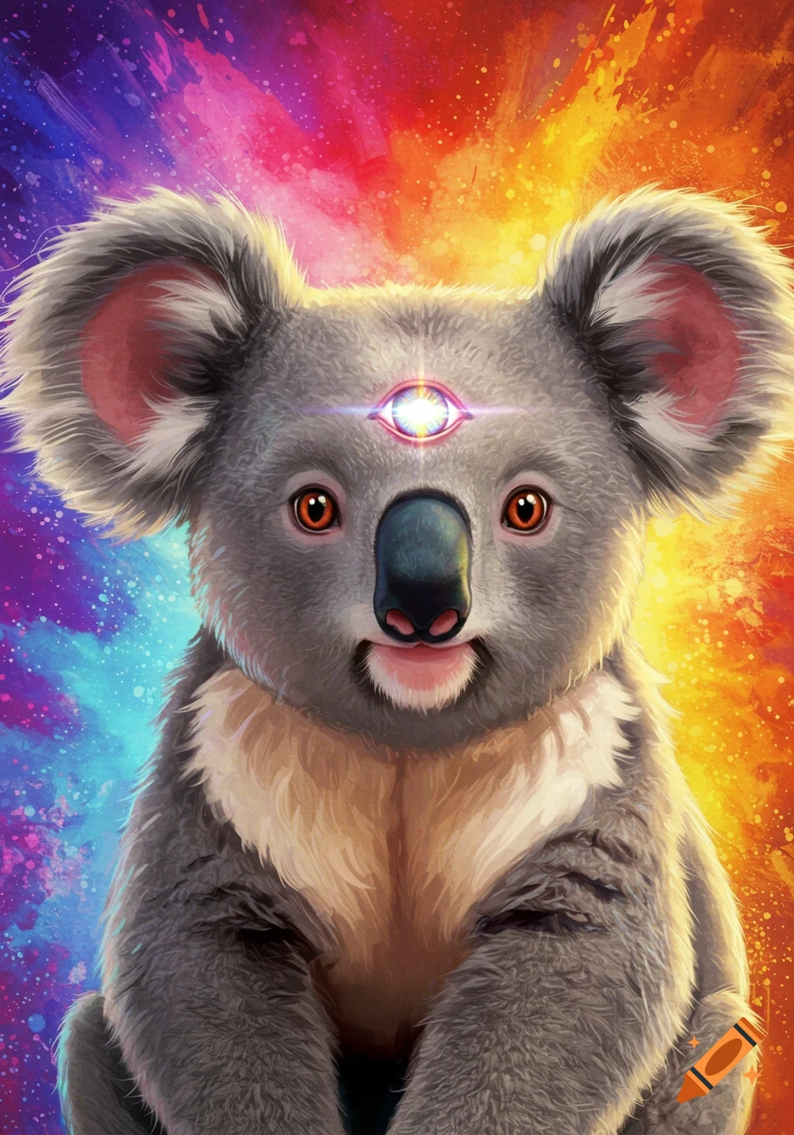 A koala with a third eye sits against a vibrant, colorful background.