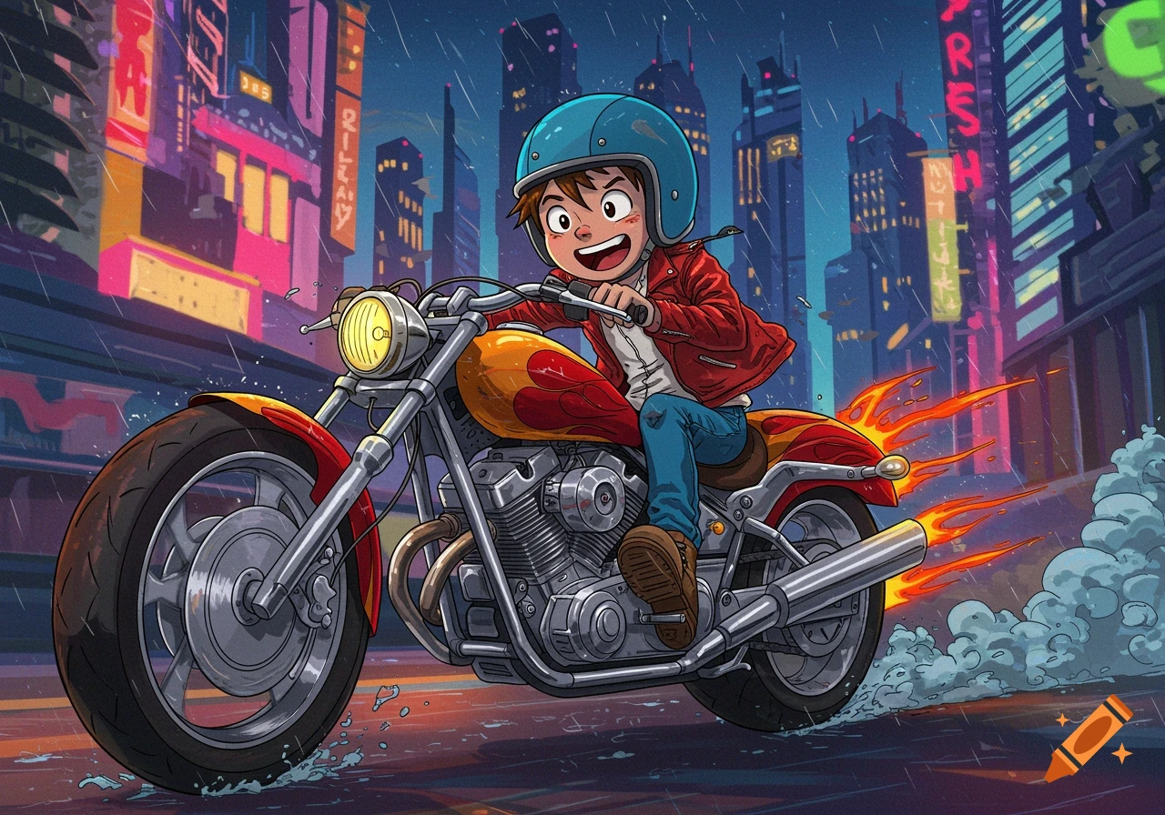Cartoon illustration of a boy in a helmet and red jacket riding a motorcycle through a rainy city street.
