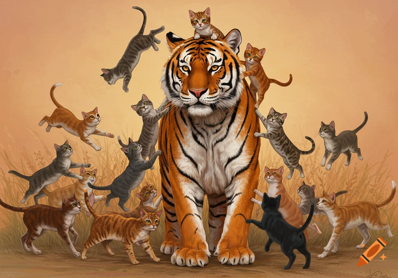 A painting of a large tiger surrounded by many playful cats.