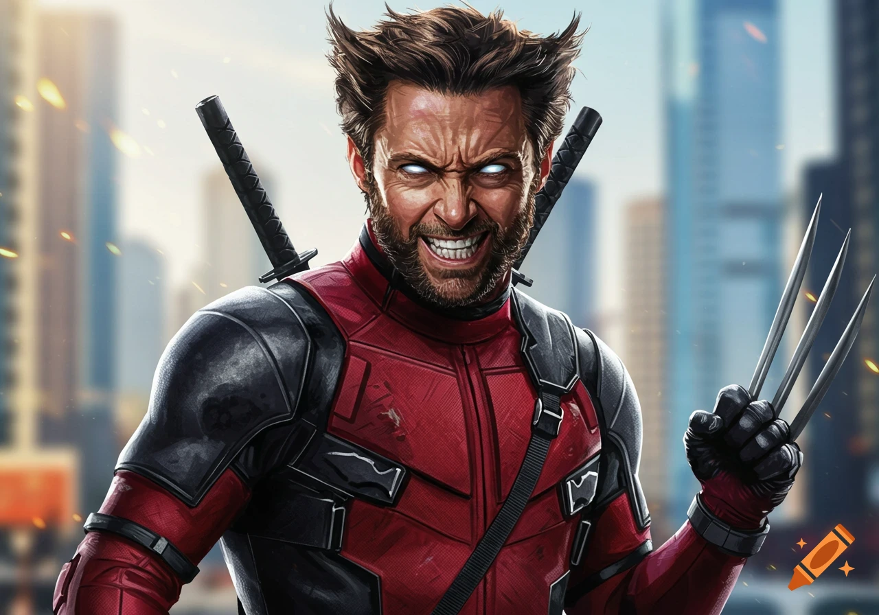 Wolverine Red Guard Wolverine in a red and black Deadpool suit stands in a city. on Craiyon