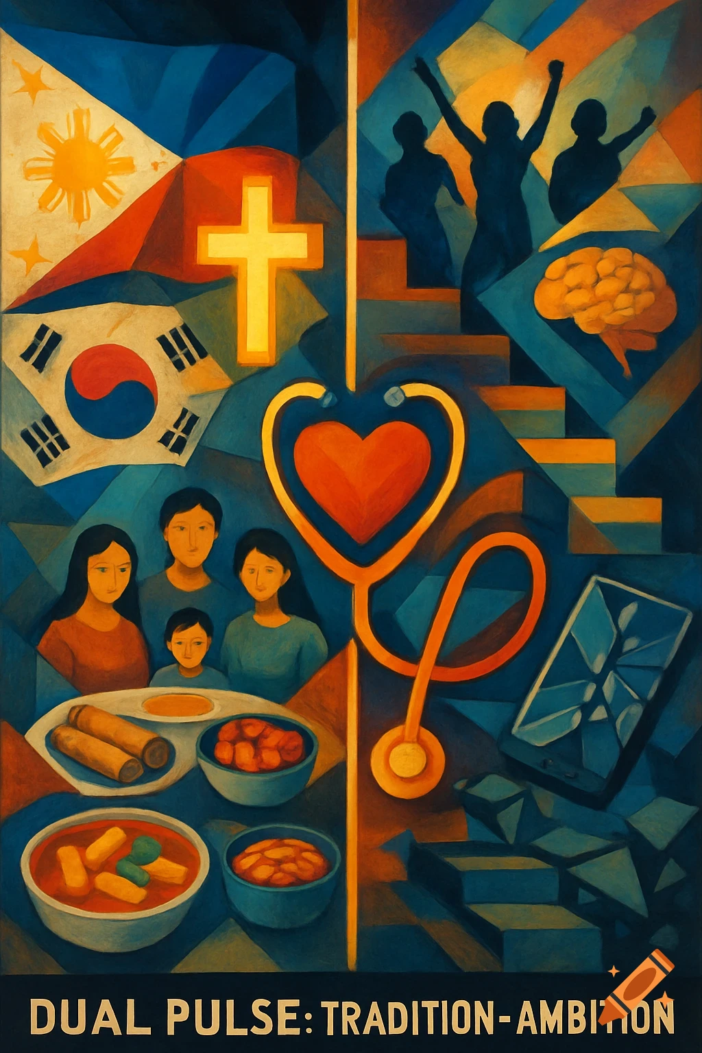 A symbolic painting in modernist style showing cultural elements, family, career, ambition, and technology, with text "DUAL PULSE: TRADITION-AMBITION".